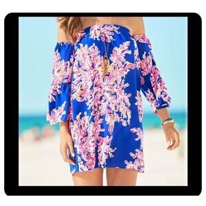 Lilly Pulitzer‎ Sanilla Silk Dress Off The Shoulder xxs coral blue pink
